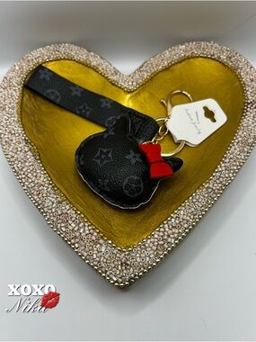 Monogram Cat Kitty Keychain Wristlet Brown with Red Bow